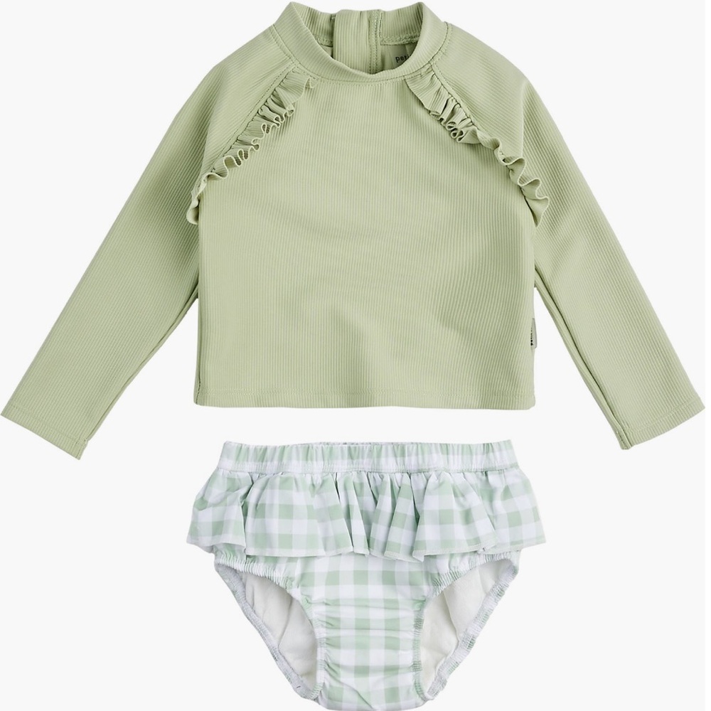 Petit Lem Ruffle Long Sleeve Two-Piece Gingham Bathing Suit - Sz 0-3m